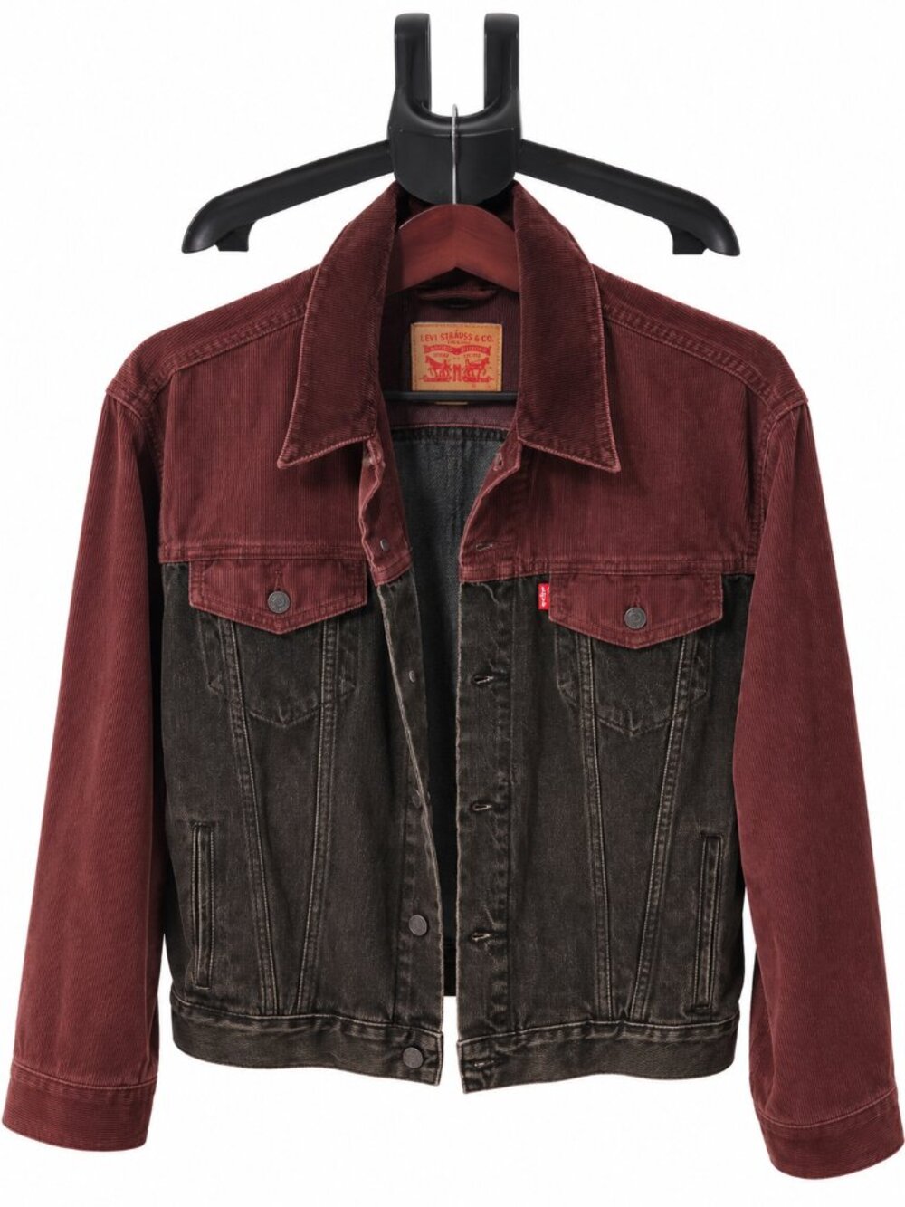 Levi’s Men’s Large Burgundy Corduroy Black Denim Trucker Jacket Two-Tone